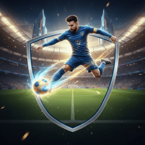 Efootball mobile 2026 شعار رياضي احترافي يظهر لاعباً بأسلوب ميسي يسدد كرة قدم متوهجة داخل درع فضي في ملعب كرة قدم مضاء.