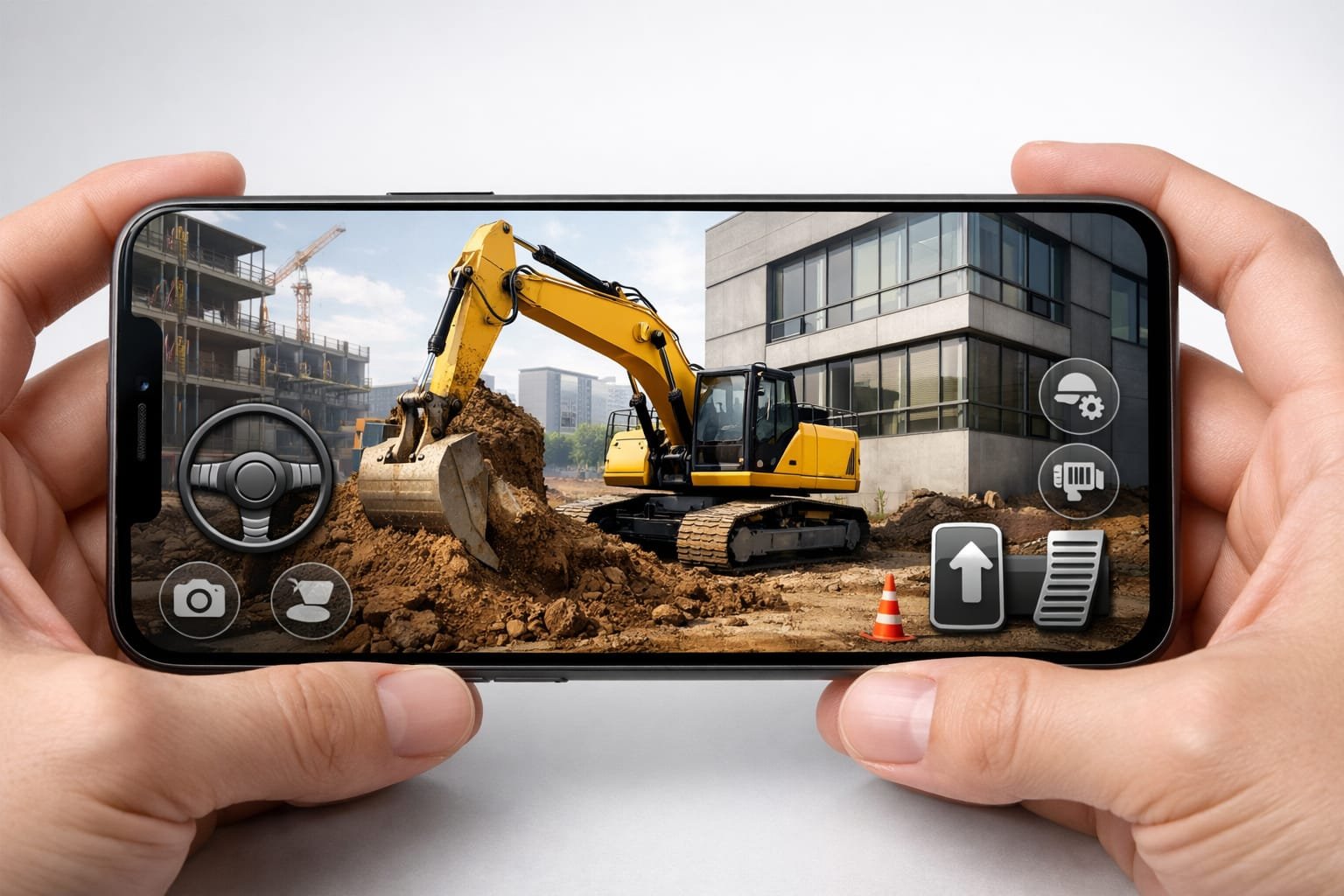 مشهد واقعي لموقع بناء يظهر فيه حفارة صفراء تعمل بجانب مبنى قيد الإنشاء