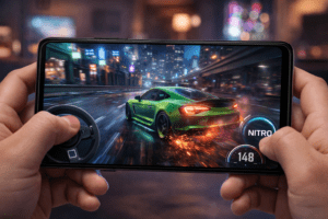 يد شخص تمسك هاتفاً ذكياً يعرض لقطة من داخل لعبة Need For Speed No Limits أثناء التفحيط بسيارة خضراء - مراجعة فريق جيمرلو.