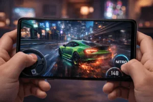 يد شخص تمسك هاتفاً ذكياً يعرض لقطة من داخل لعبة Need For Speed No Limits أثناء التفحيط بسيارة خضراء - مراجعة فريق جيمرلو.