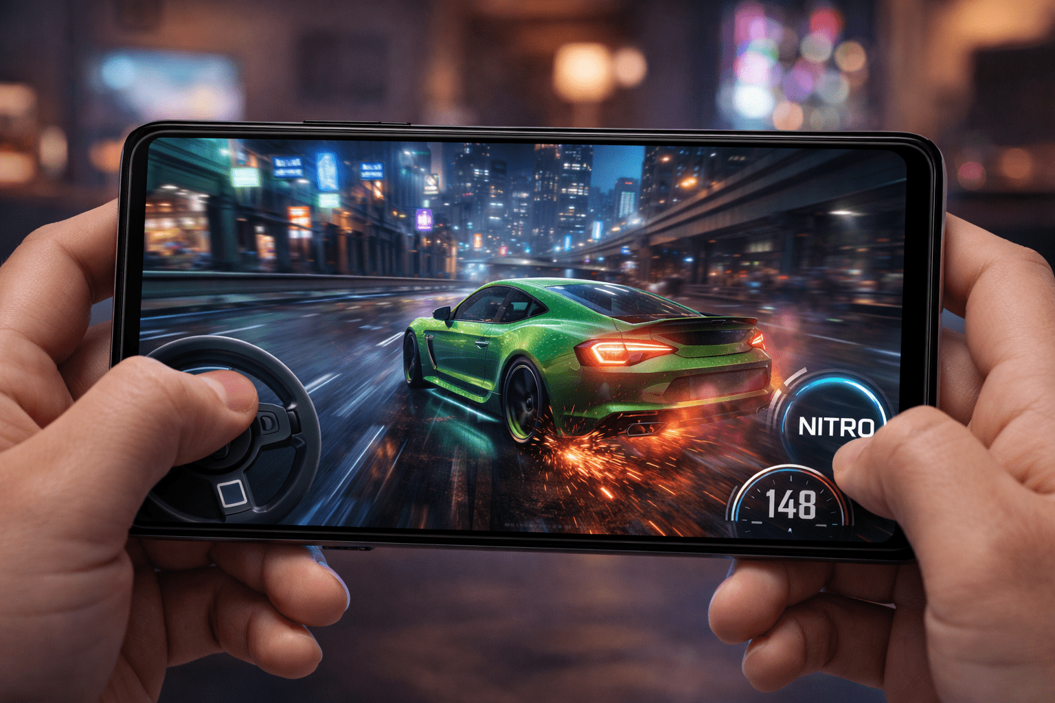 يد شخص تمسك هاتفاً ذكياً يعرض لقطة من داخل لعبة Need For Speed No Limits أثناء التفحيط بسيارة خضراء - مراجعة فريق جيمرلو.