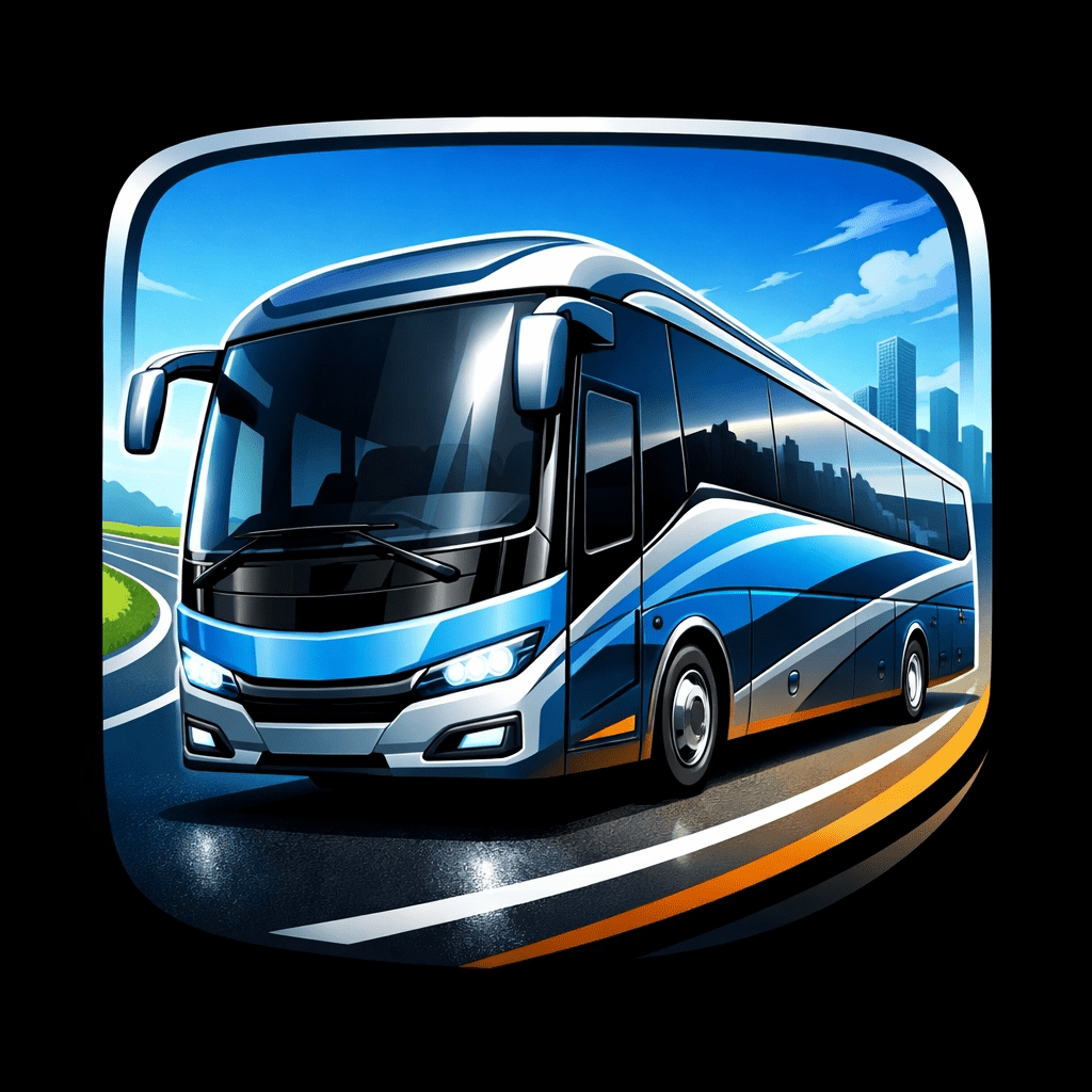 شعار لعبة Bus Simulator Ultimate يظهر حافلة سياحية زرقاء حديثة على طريق سريع بأسلوب احترافي لألعاب الموبايل