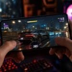 شخص يمسك هاتفاً ذكياً يستعرض سباق سيارات خارقة في لعبة CSR Racing 2.