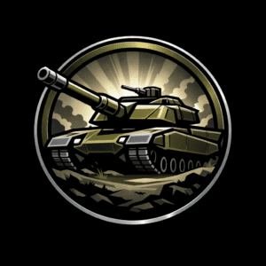 شعار دبابة عسكرية بتصميم عصري وألوان زيتية ومعدنية في ساحة معركة، مناسب لألعاب الجيمينج والمحاكاة العسكرية War Thunder Mobile .