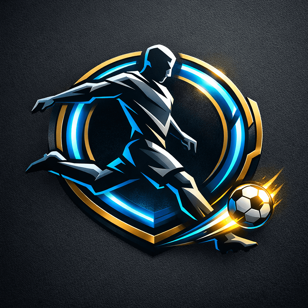 شعار لاعب كرة قدم احترافي في وضعية تسديد الكرة بتصميم عصري وألوان ذهبية وزرقاء جذابة لـ ألعاب كرة القدم 2025
